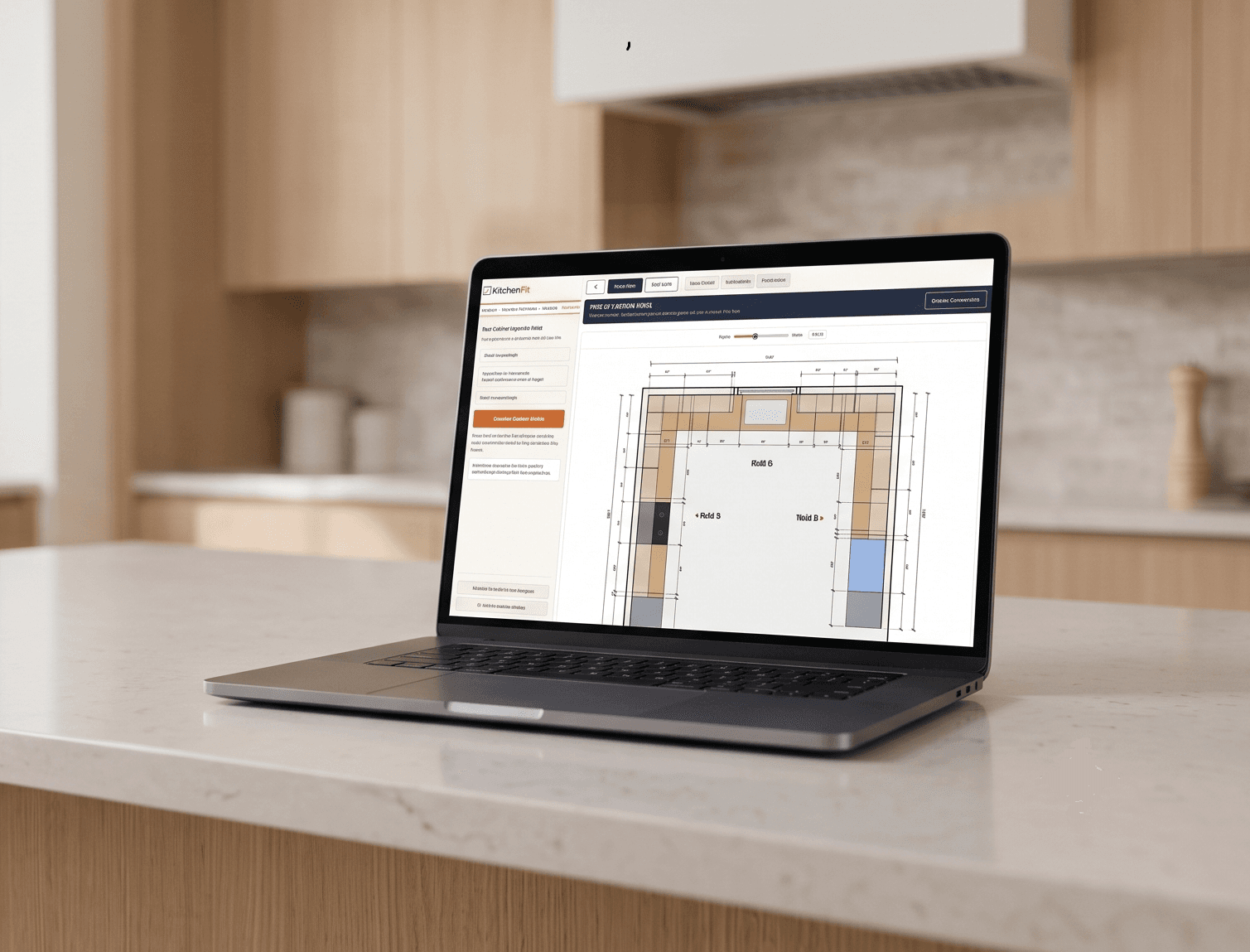 Laptop showing a KitchenFit cabinet plan and cabinet cost ranges for a kitchen.