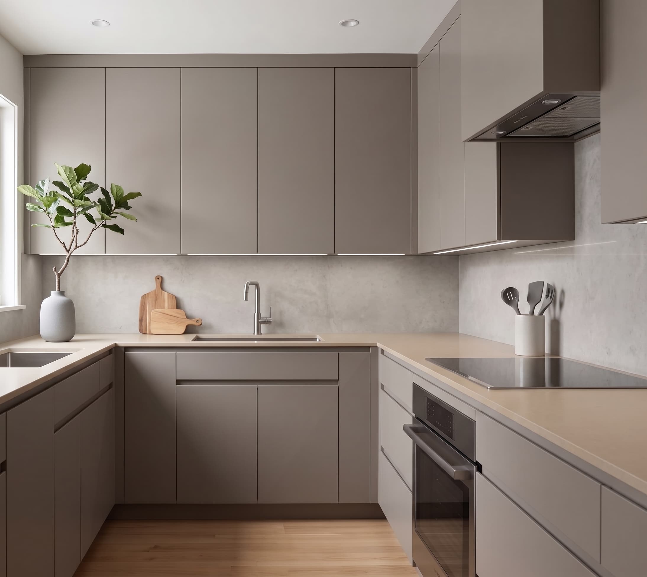 Taupe slab-front kitchen with wall cabinets, base cabinets, and a sink run under light stone countertops.