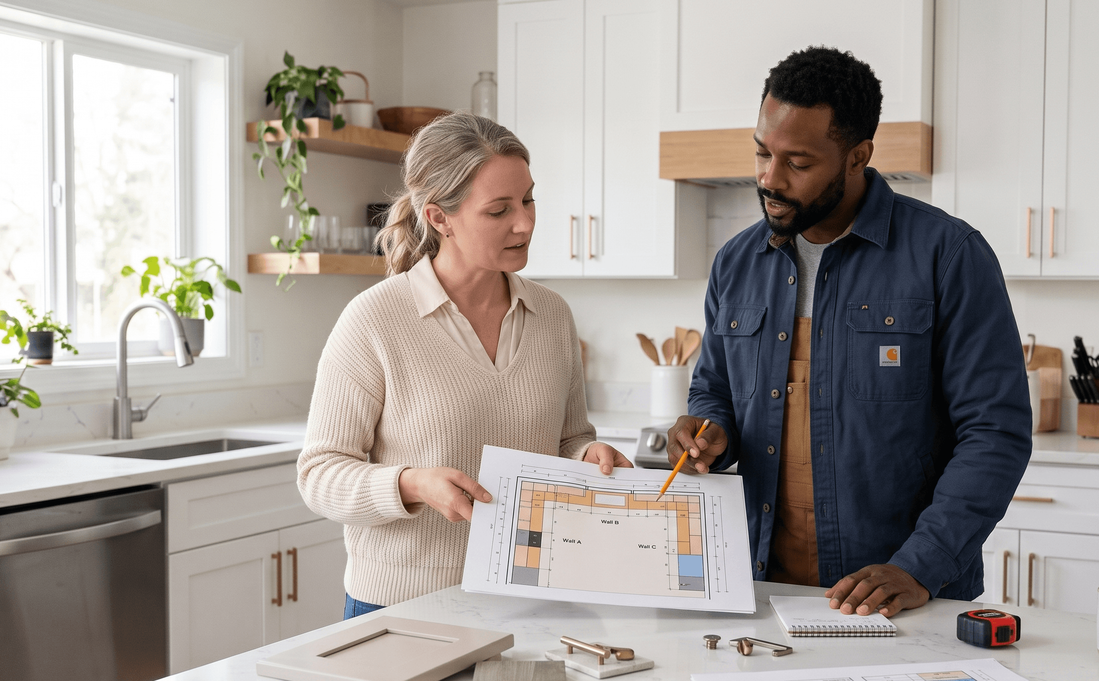 Homeowner reviewing a kitchen cabinet plan with a professional